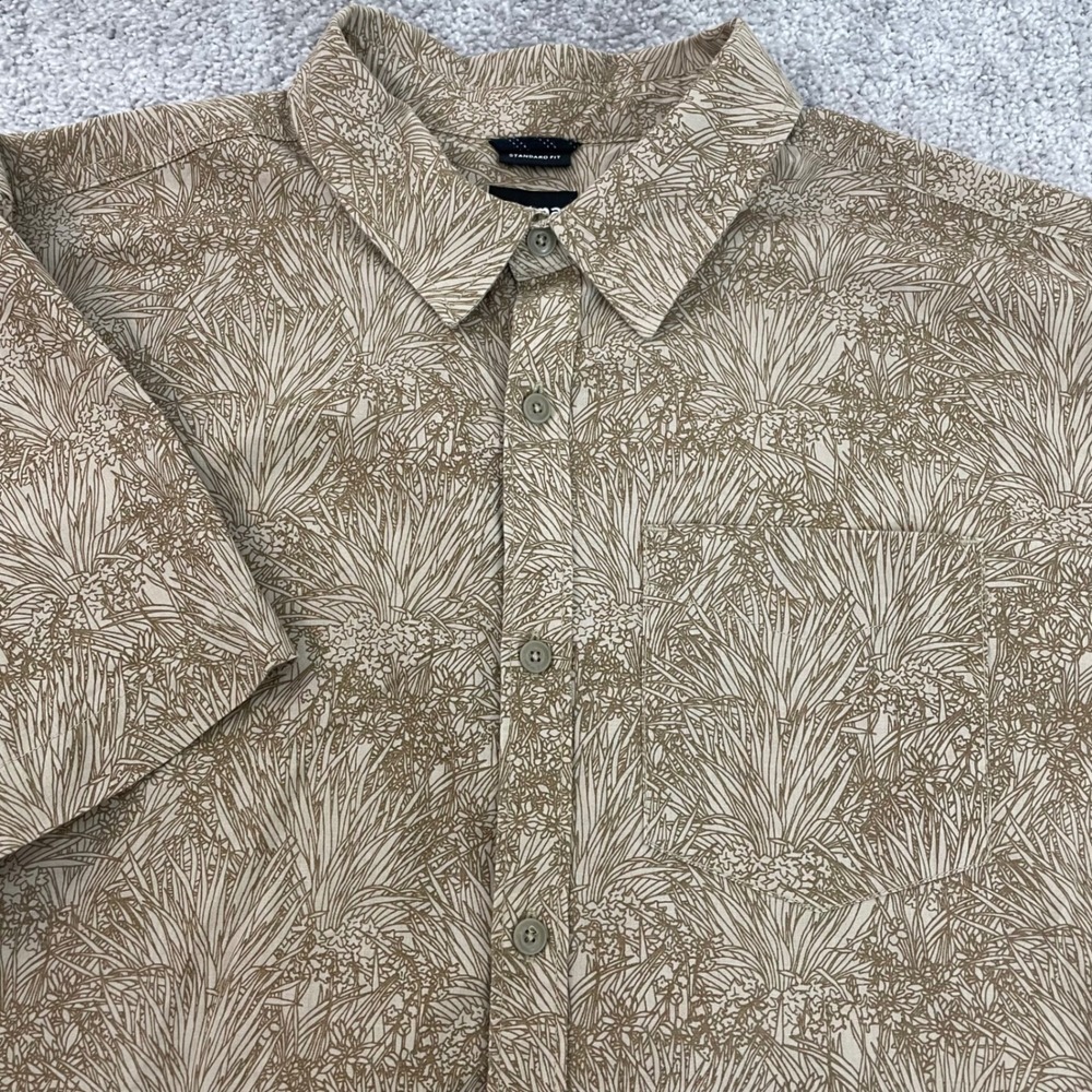 Prana Button Up Shirt Mens Medium Stimmersee Botanical Print Tan Earthy Nature